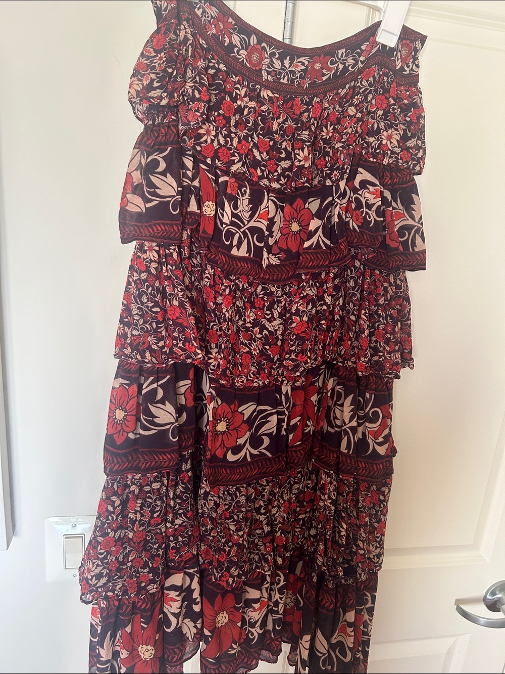 FARM Rio (Saks Fifth Avenue) Tiered Floral Maxi Skirt in Burgundy Red Cream L - Picture 4 of 6